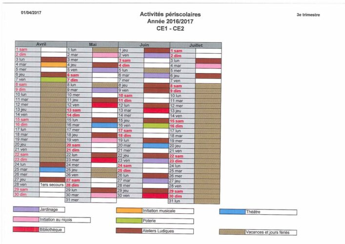 Planning 3e trimestre CE1 CE2